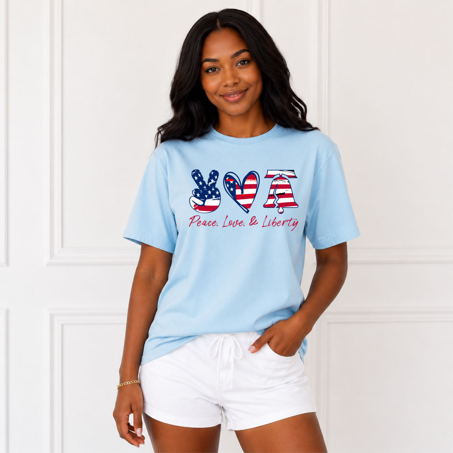 USA Peace Love and Liberty patriotic T-shirt with Americana graphics