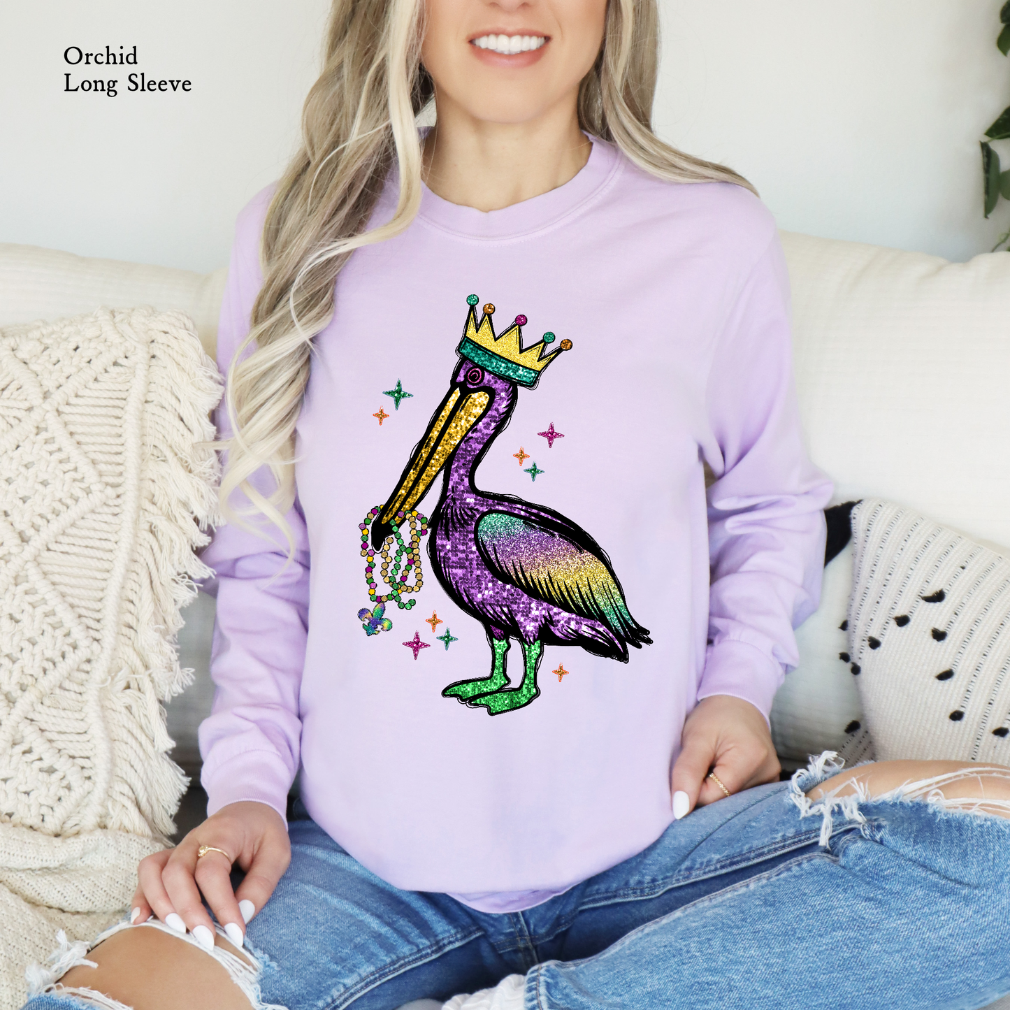 Mardi Gras pelican long sleeve shirt on Comfort Colors
