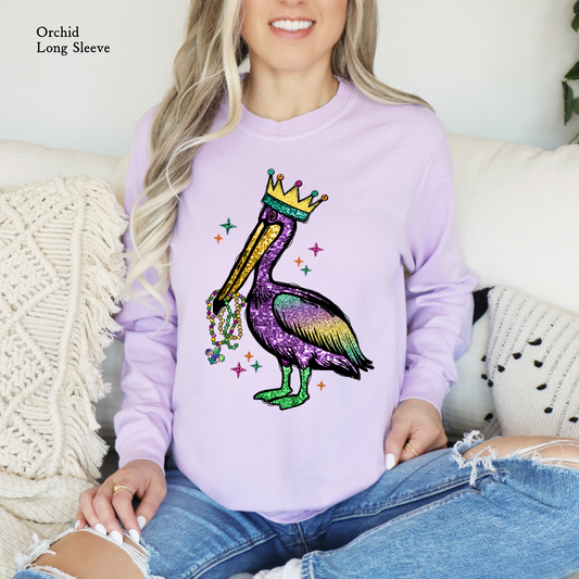 Mardi Gras pelican long sleeve shirt on Comfort Colors