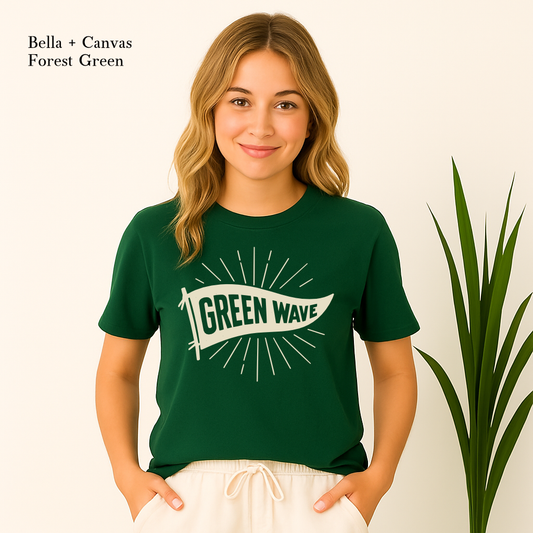 Ponchatoula High Green Wave pennant flag shirt on model