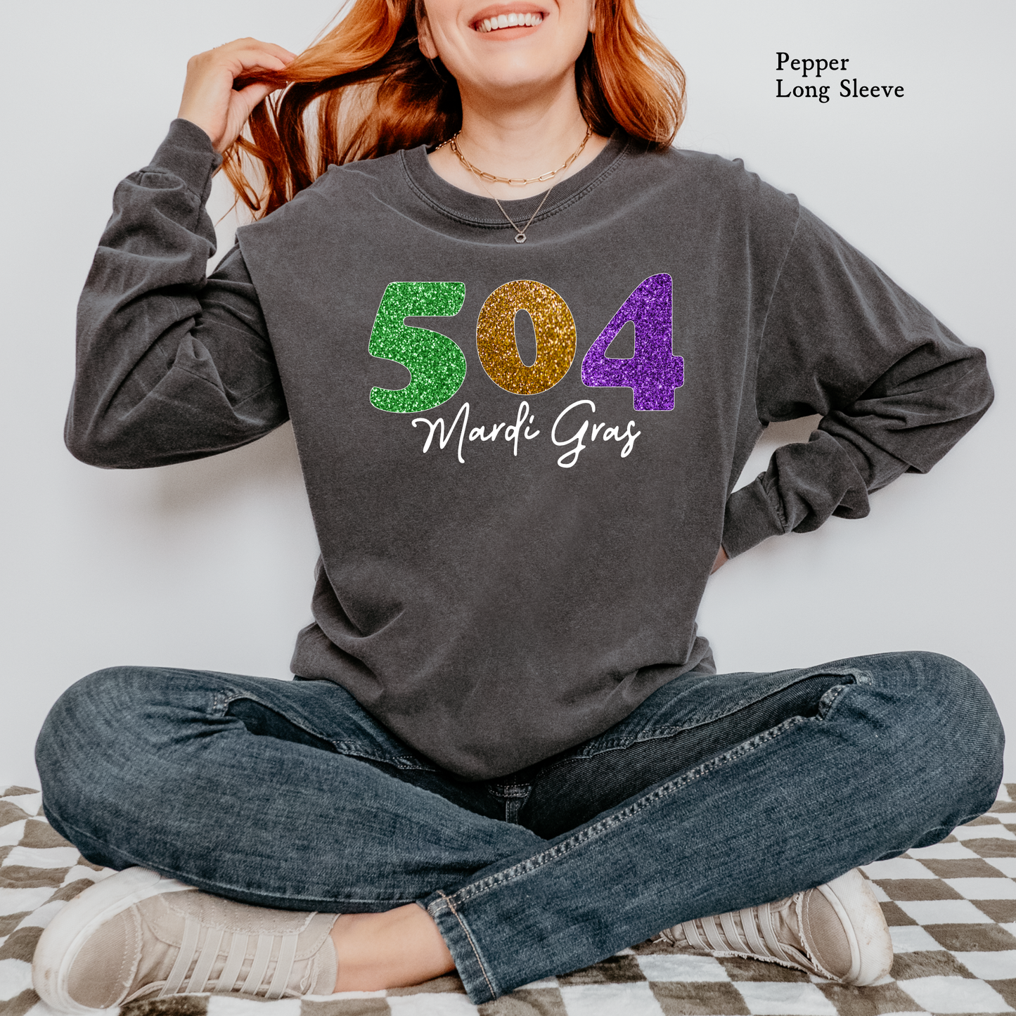 Faux Glitter Mardi Gras 504 | Comfort Color Long Sleeve Graphic Tees