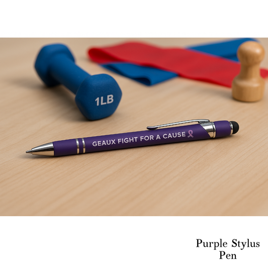 “Geaux Fight for a Cause purple fundraiser pen with ribbon engraving”