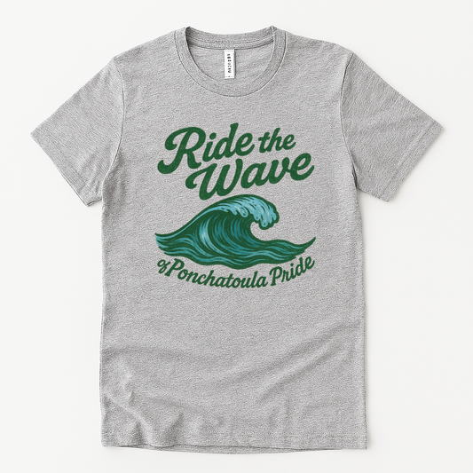 Gray t-shirt with 'Ride the Wave of Ponchatoula Pride' design on a white background