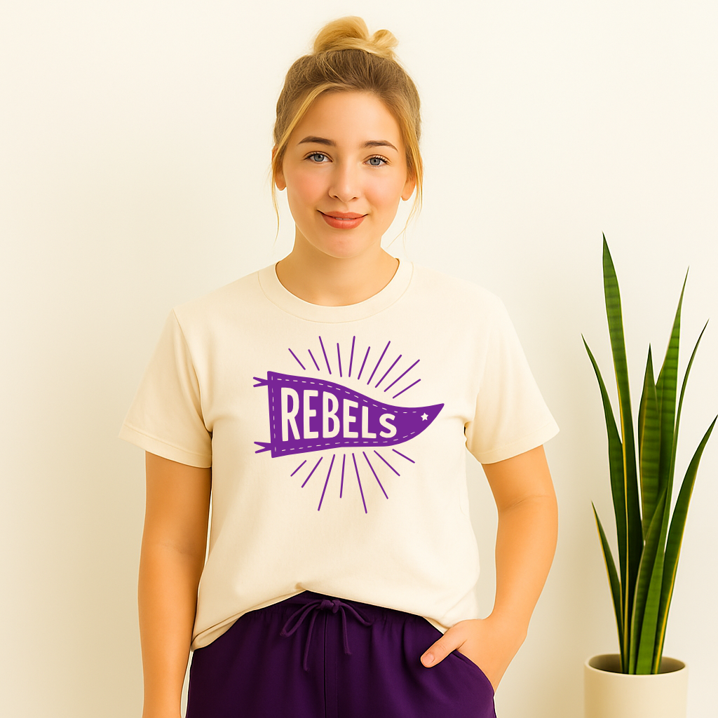 Girl wearing retro Rebels Pennant Flag school spirit shirt