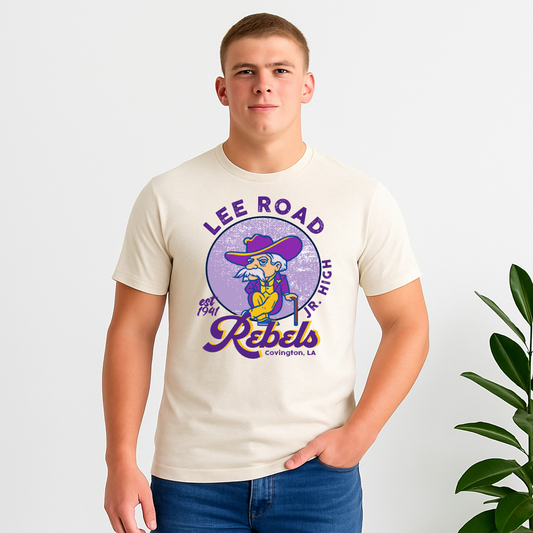 Retro Lee Road Jr. High Rebels shirt with vintage mascot