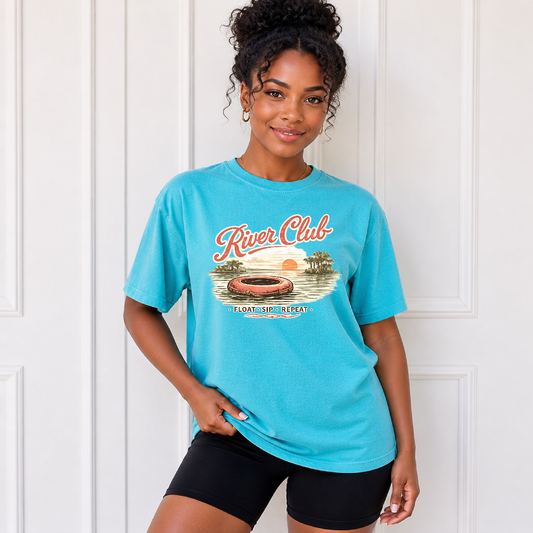 River Club float sip repeat shirt with inner tube river graphic
