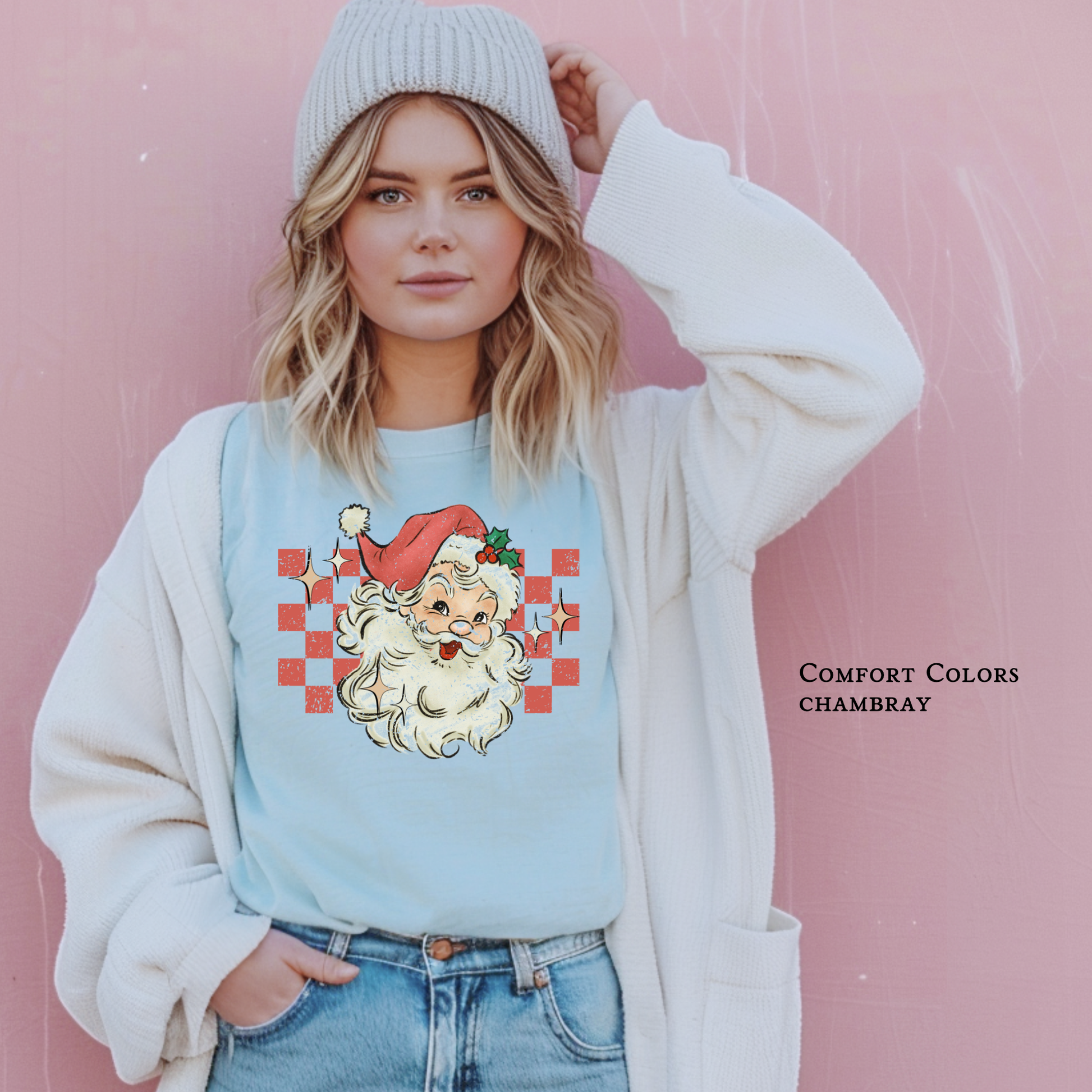 Holiday Christmas graphic t-shirt adult retro Santa checkerboard gift idea