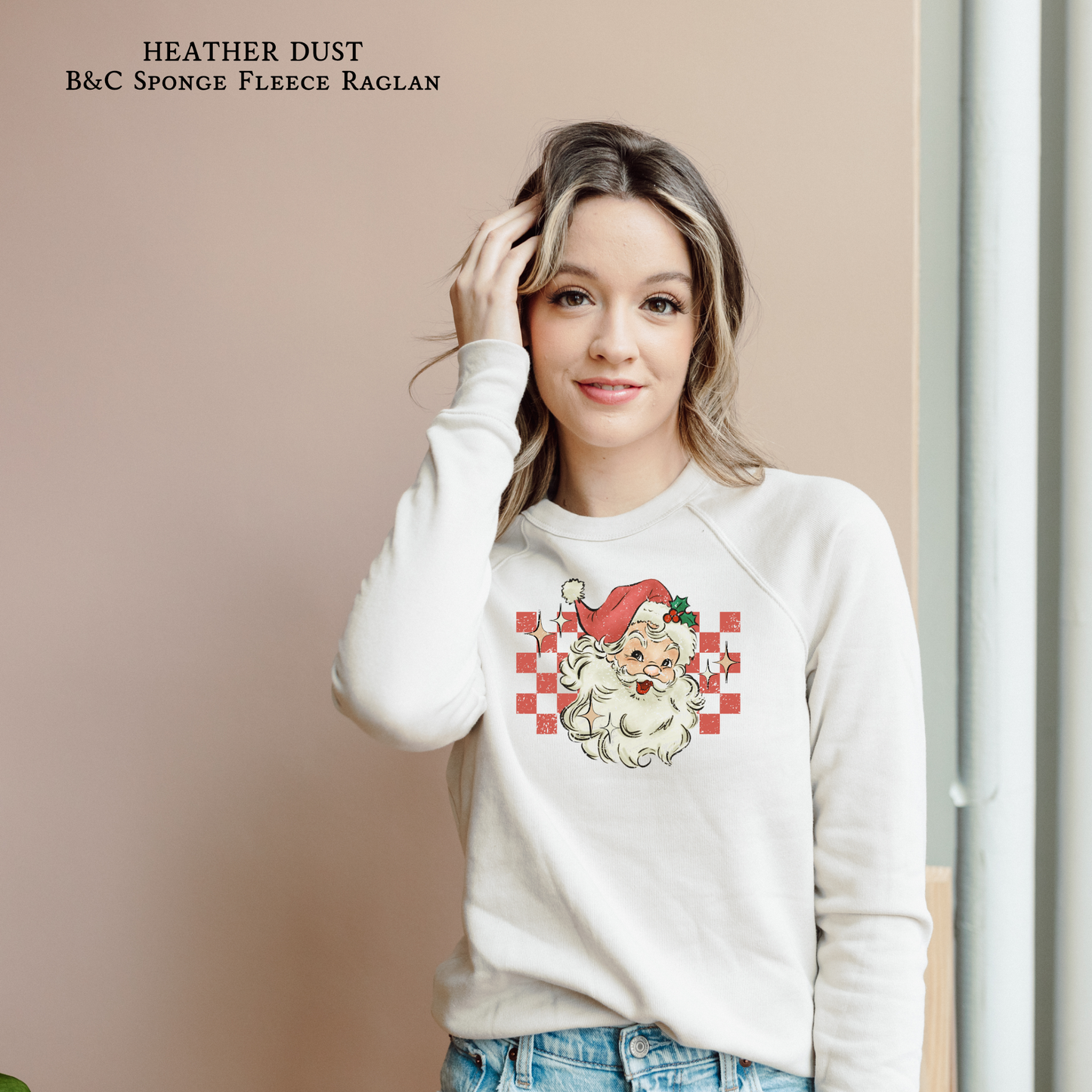 Retro Santa checkerboard Christmas raglan sweatshirt adult unisex