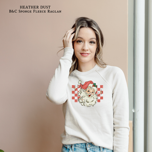 Retro Santa checkerboard Christmas raglan sweatshirt adult unisex