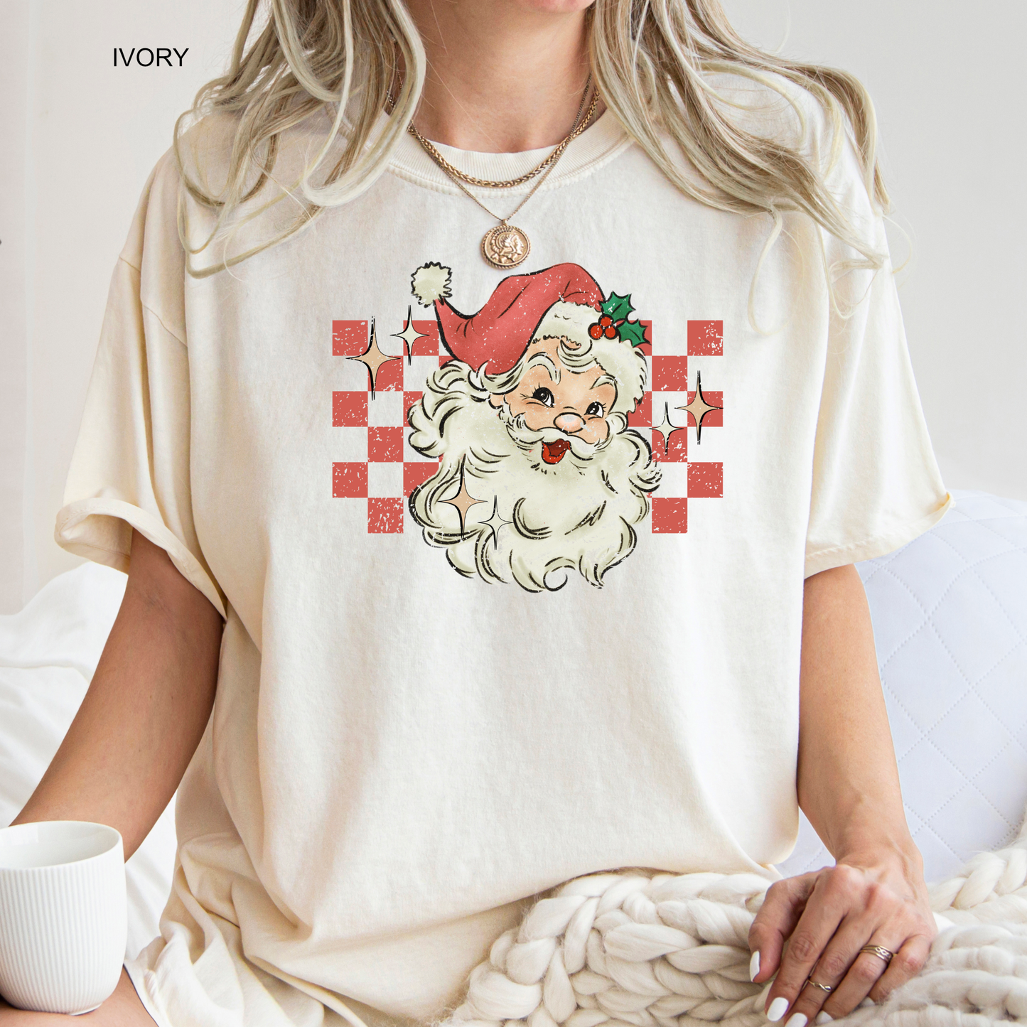 Vintage checkerboard Santa holiday tee adult unisex ring-spun cotton