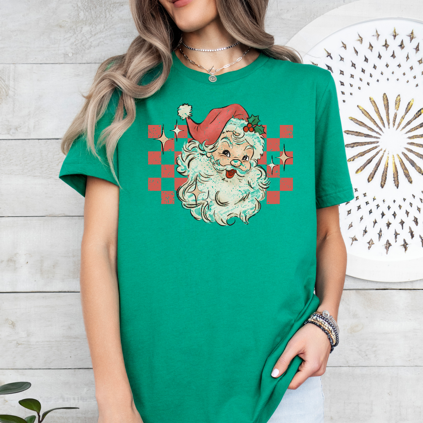 The Twisted Hippo Retro Santa Checkerboard Christmas T-shirt Bella+Canvas Comfort Colors