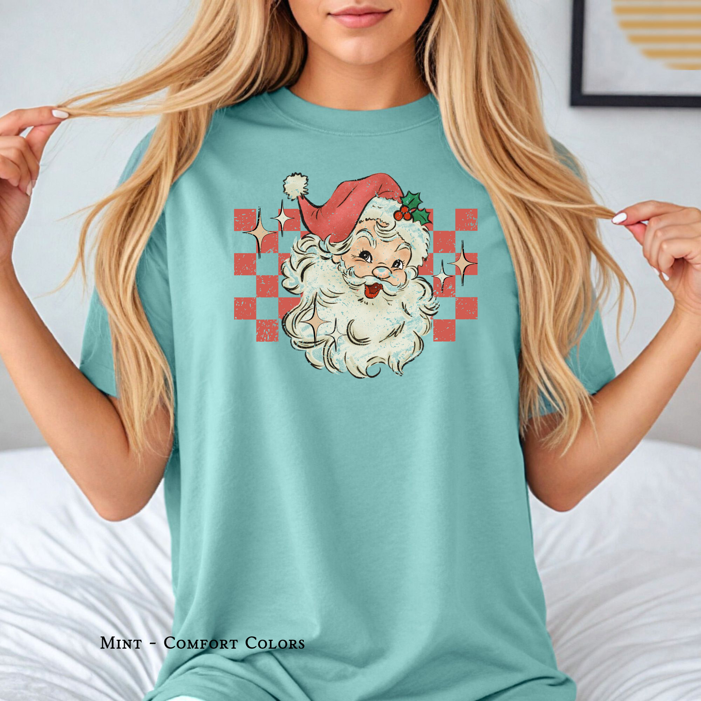 “Retro Santa checkerboard graphic adult Christmas T-shirt The Twisted Hippo”
