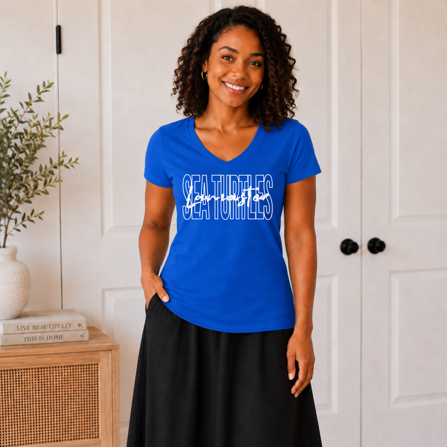 Lancaster Sea Turtles Script Font V Neck Tee