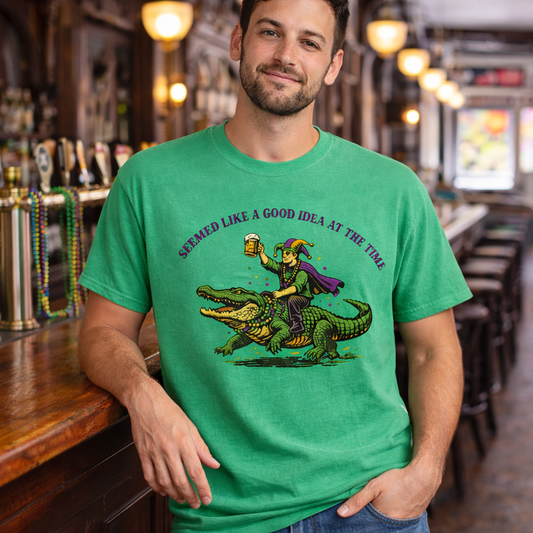 Seemed Like a Good Idea at the Time gator T-shirt worn by model