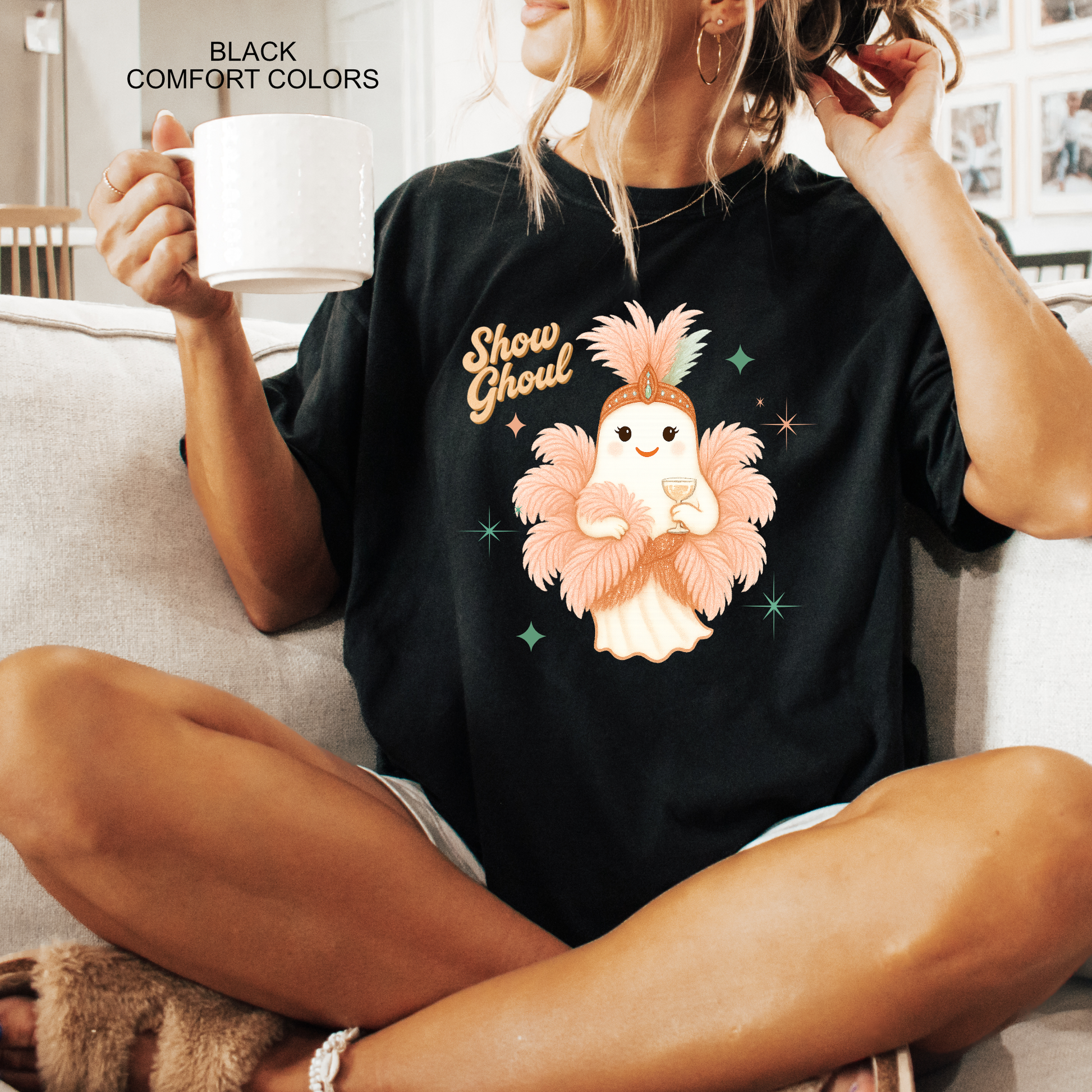 Cute ghost showgirl Halloween shirt with feathers and champagne glass