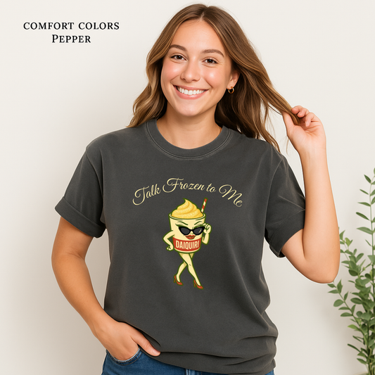 “Funny daiquiri graphic shirt with retro cartoon cup – Talk Frozen to Me design”
