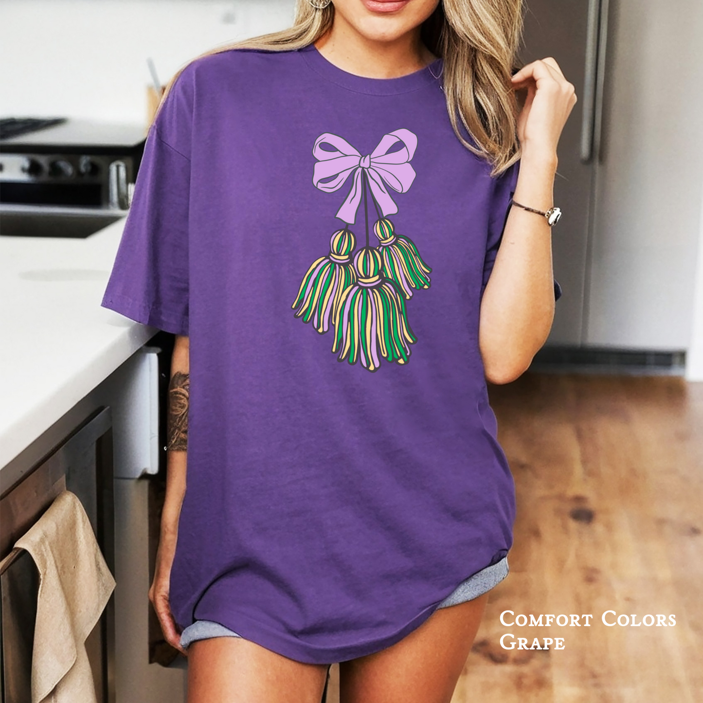 Adult Mardi Gras marching tassels coquette bow shirt