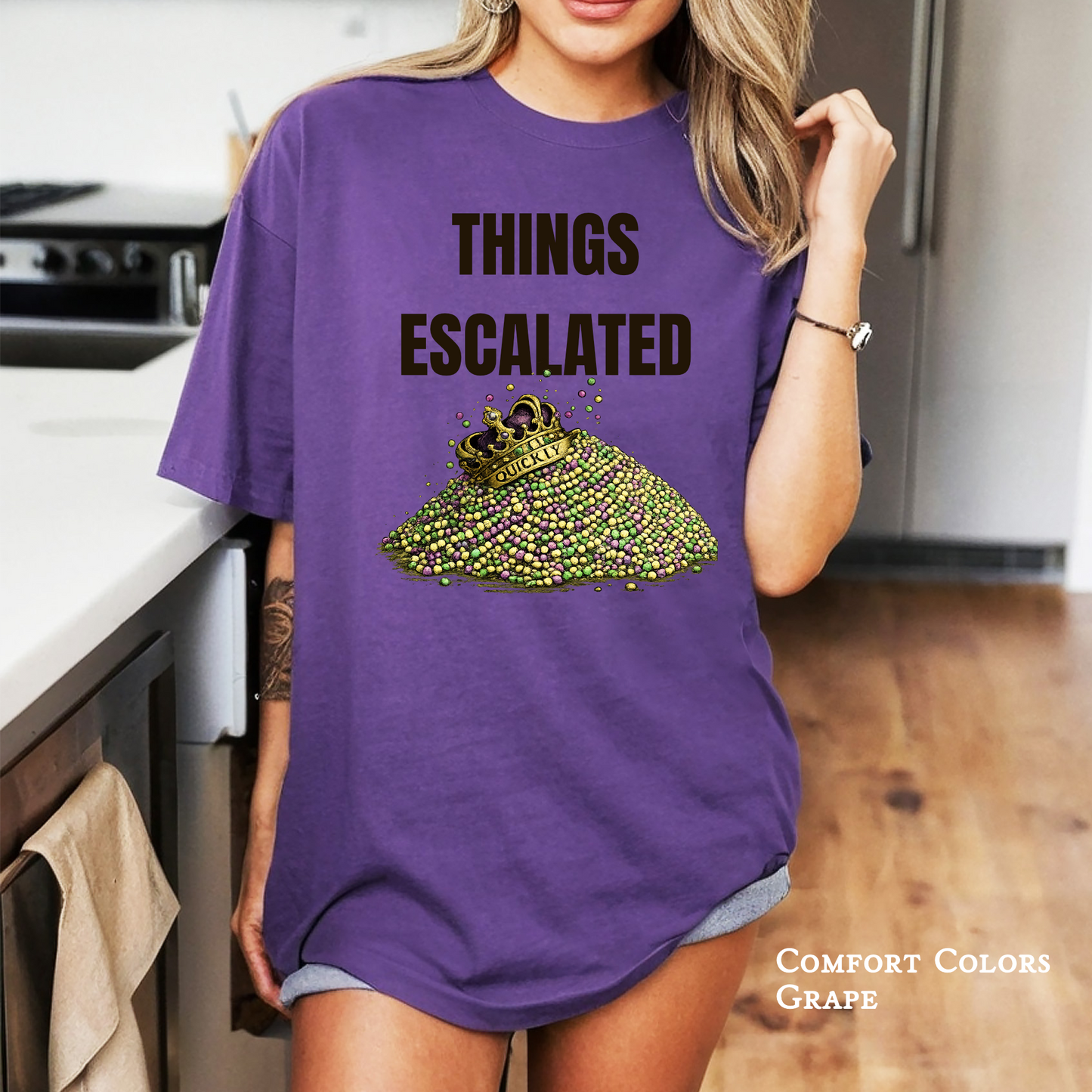 Things Escalated Quickly Mardi Gras T-shirt worn by model