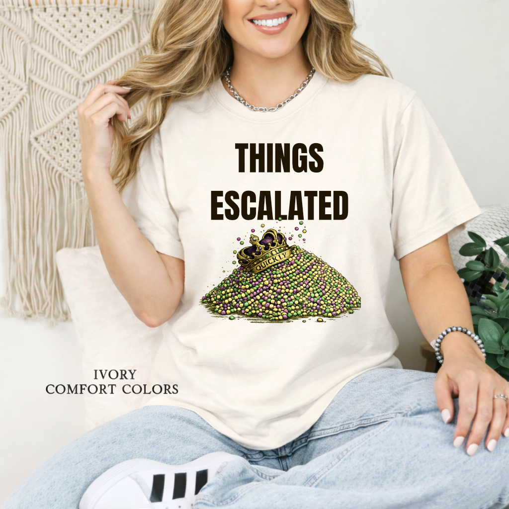 Mardi Gras humor T-shirt featuring colorful bead design