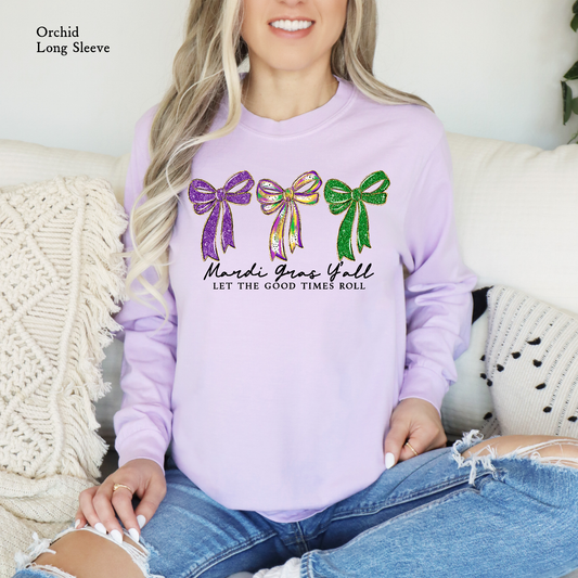 Mardi Gras Y’all bow long sleeve shirt with purple gold green bows