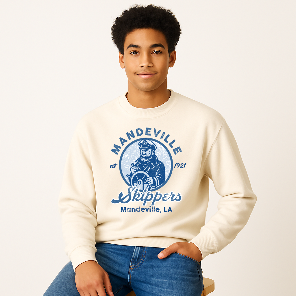Vintage Mandeville Skippers ivory sweatshirt with retro captain graphic and Est. 1921 text, unisex school spirit wear