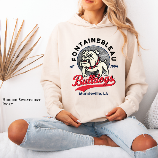 Unisex hoodie with vintage Fontainebleau Bulldogs mascot and Est. 1994 text