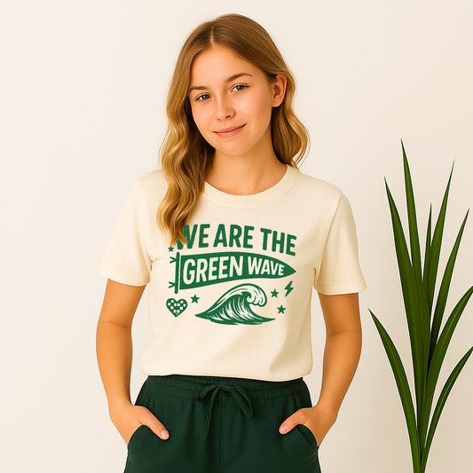 Female model with natural colored shirt with the We Are The Green Wave design. 