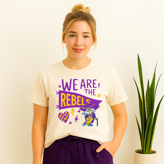 Girl wearing We Are the Rebels purple school spirit shirt