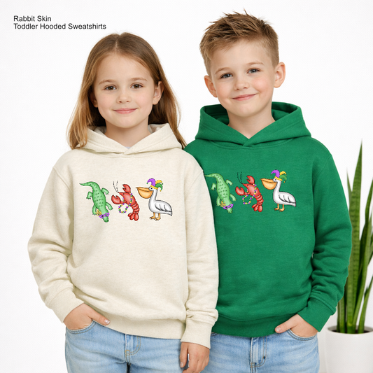 Mardi Gras Animal Icons toddler hoodie with gator, crawfish, and pelican