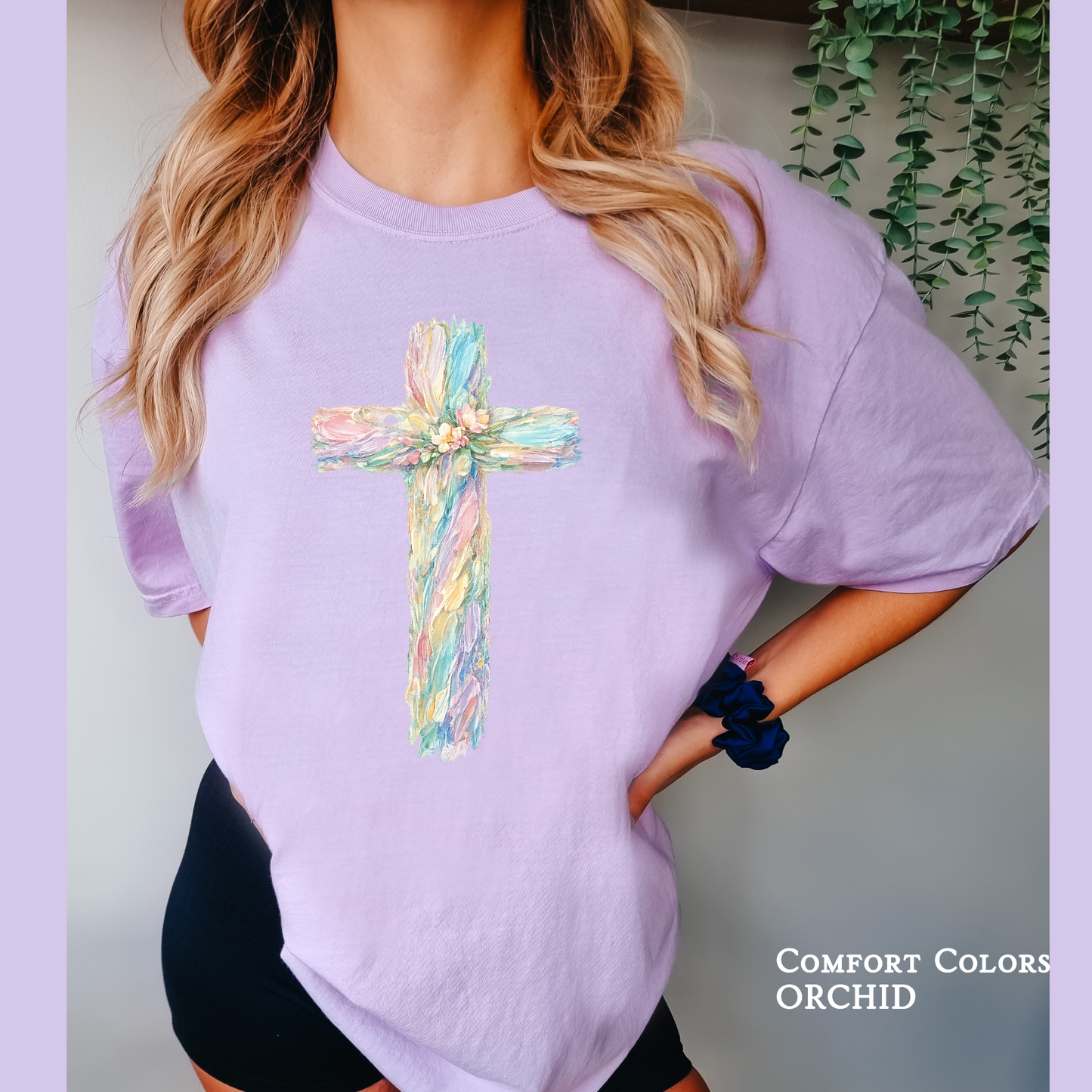 Christian Easter shirt with pastel brushstroke cross design

