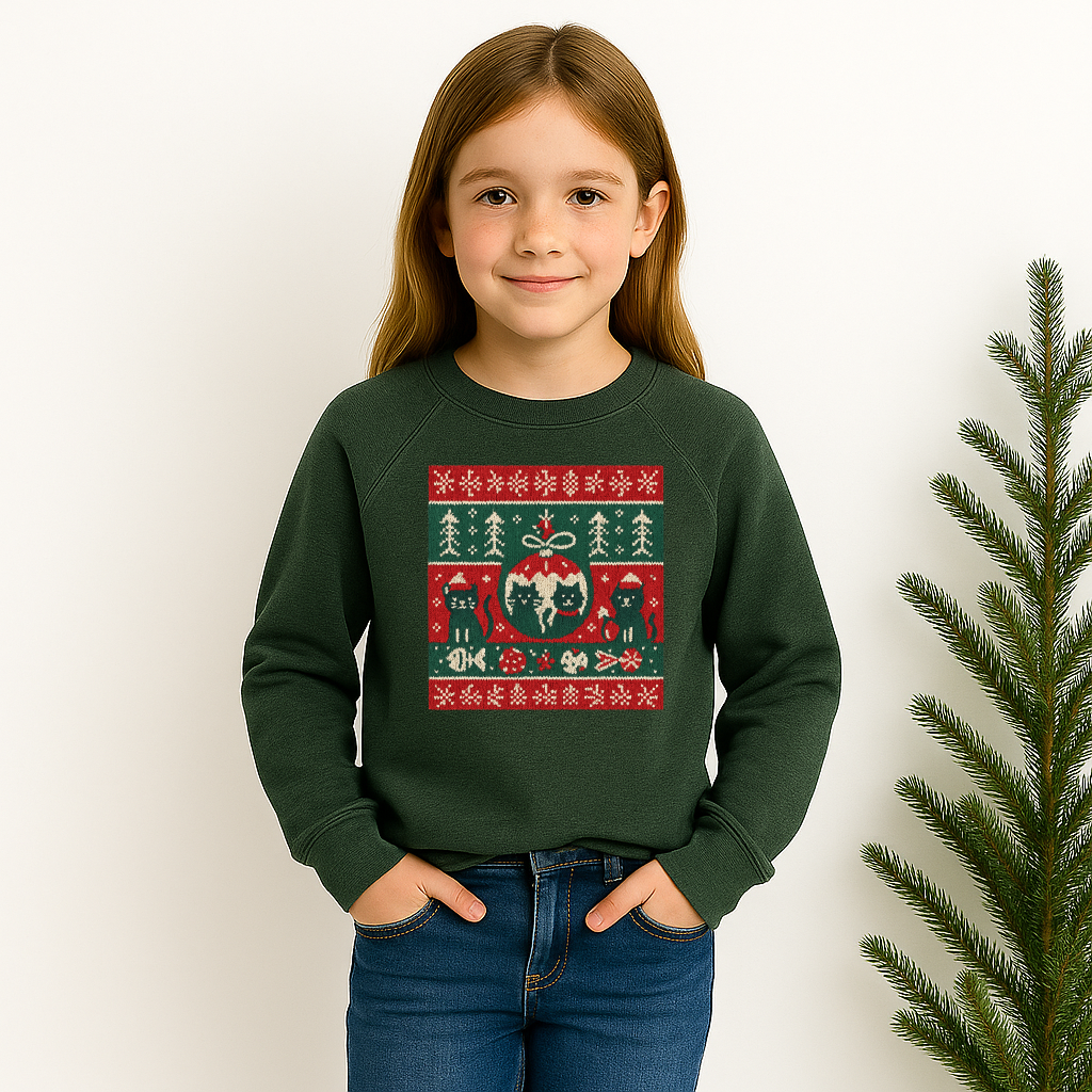 Cat Ugly Sweater Style Christmas Sweatshirt – Kids Spirit Week Holiday Top
