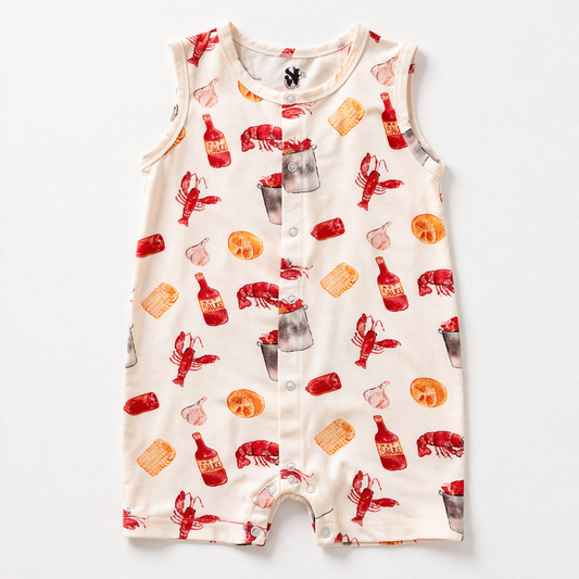 crawfish bamboo toddler romper flat lay on white background