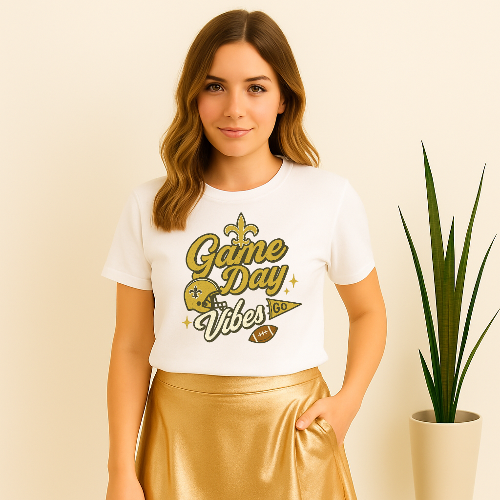 Game Day Vibes T-Shirt | Black & Gold Football Fleur de Lis