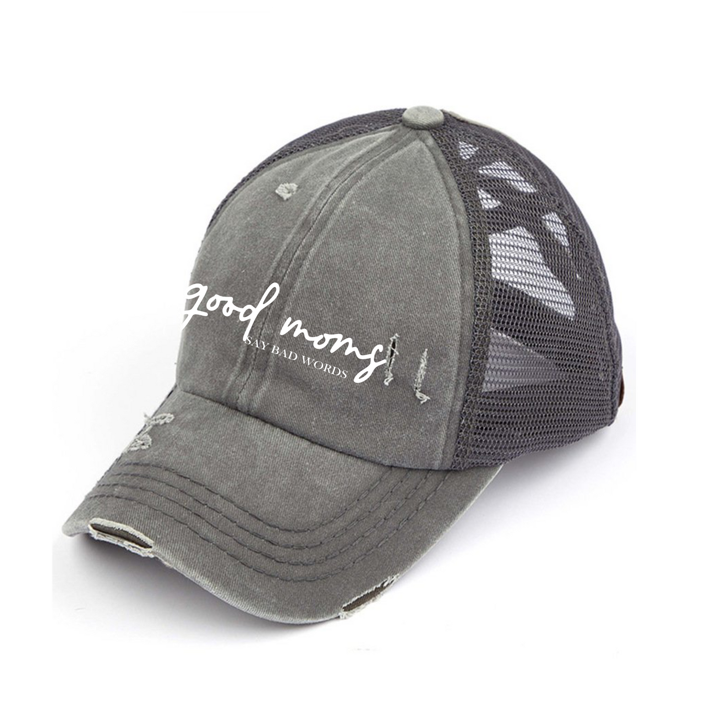 Good Moms Say Bad Words  - Red, Mint & Charcoal Criss Cross Hat - High Ponytail