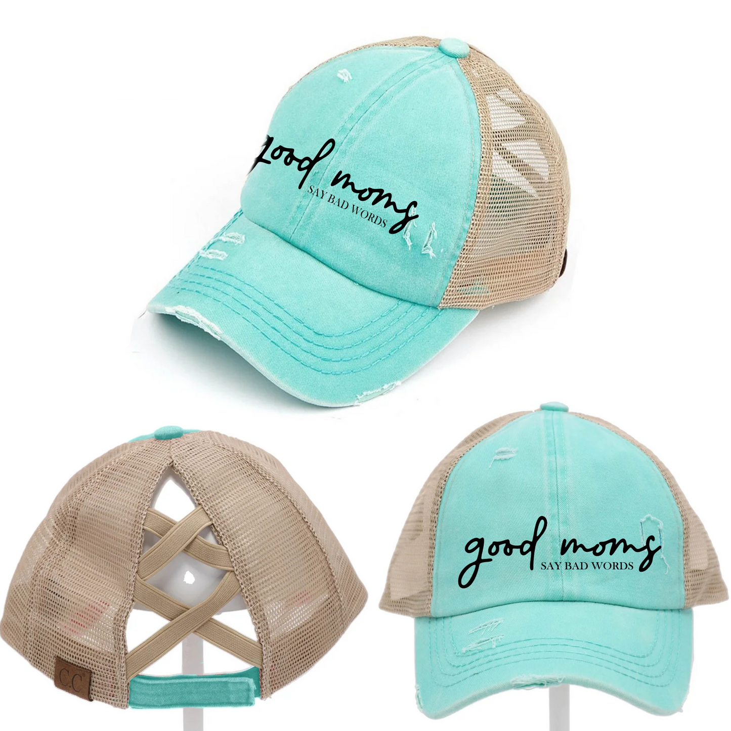 Good Moms Say Bad Words  - Red, Mint & Charcoal Criss Cross Hat - High Ponytail