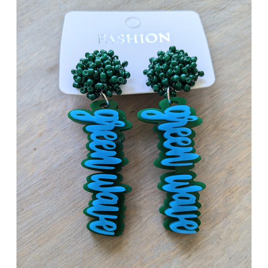 Ponchatoula High | Green Wave | Game Day | Dangle Acrylic Handmade Earrings | Beaded Topper