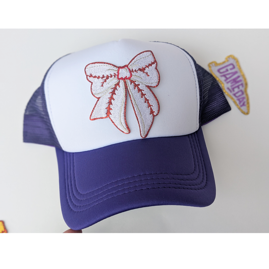 Coquette Bow Baseball Patch Trucker Mesh Hats | Purple