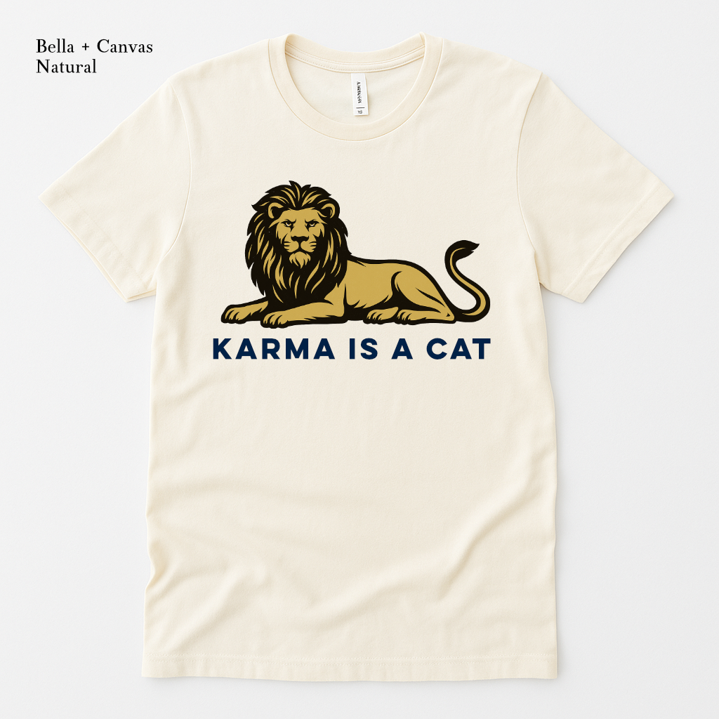 Bella Canvas ivory tee with lion mascot and Karma Is a Cat text