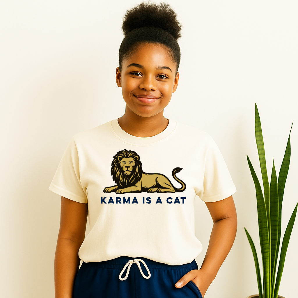 Covington High Karma Is a Cat lions shirt on model