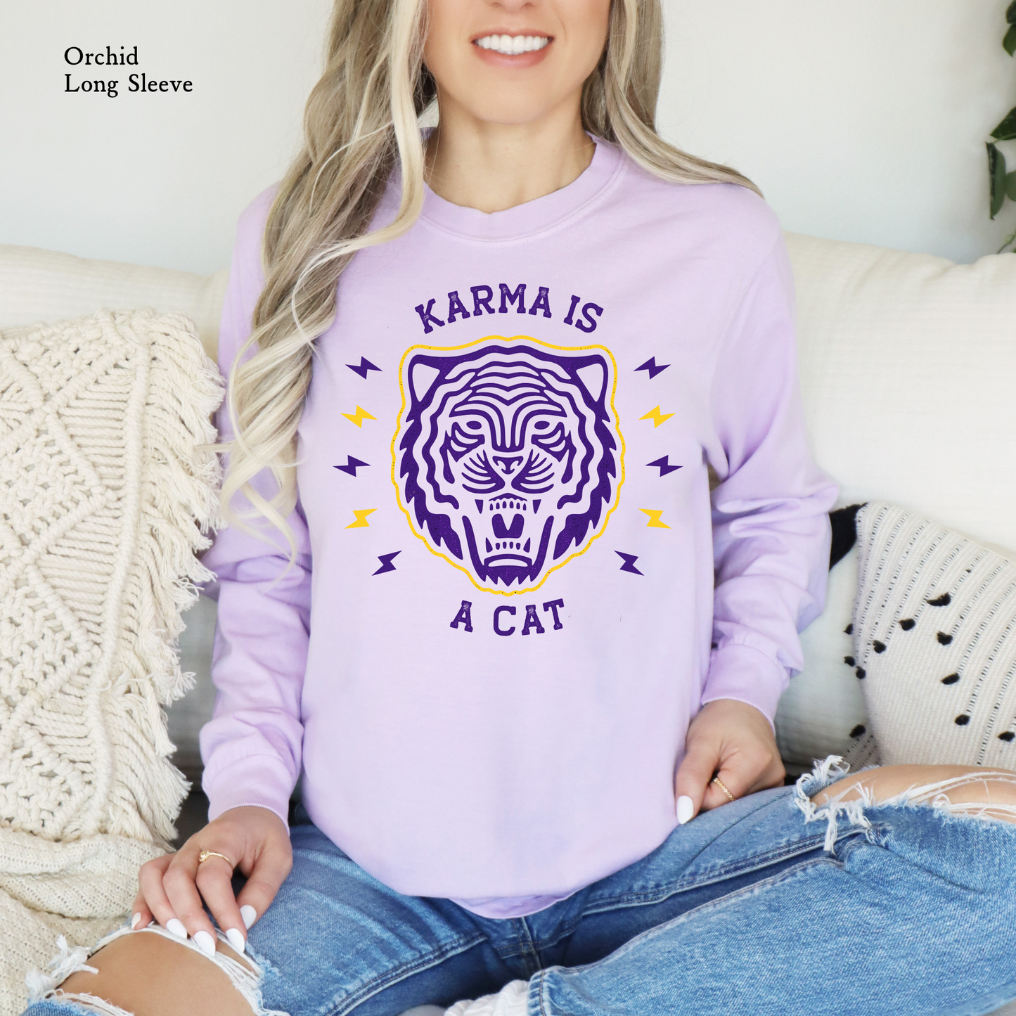 Karma is a (Tiger) Cat | Game Day | LSU Tee | Comfort Color Long Sleeve Graphic Tees