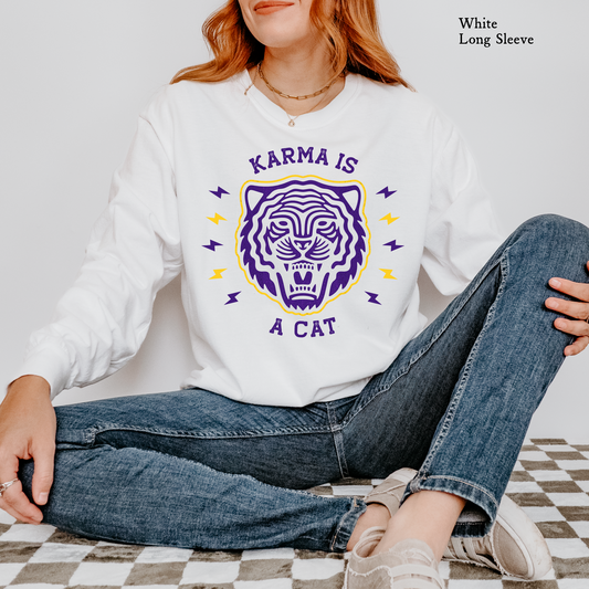 Karma is a (Tiger) Cat | Game Day | LSU Tee | Comfort Color Long Sleeve Graphic Tees
