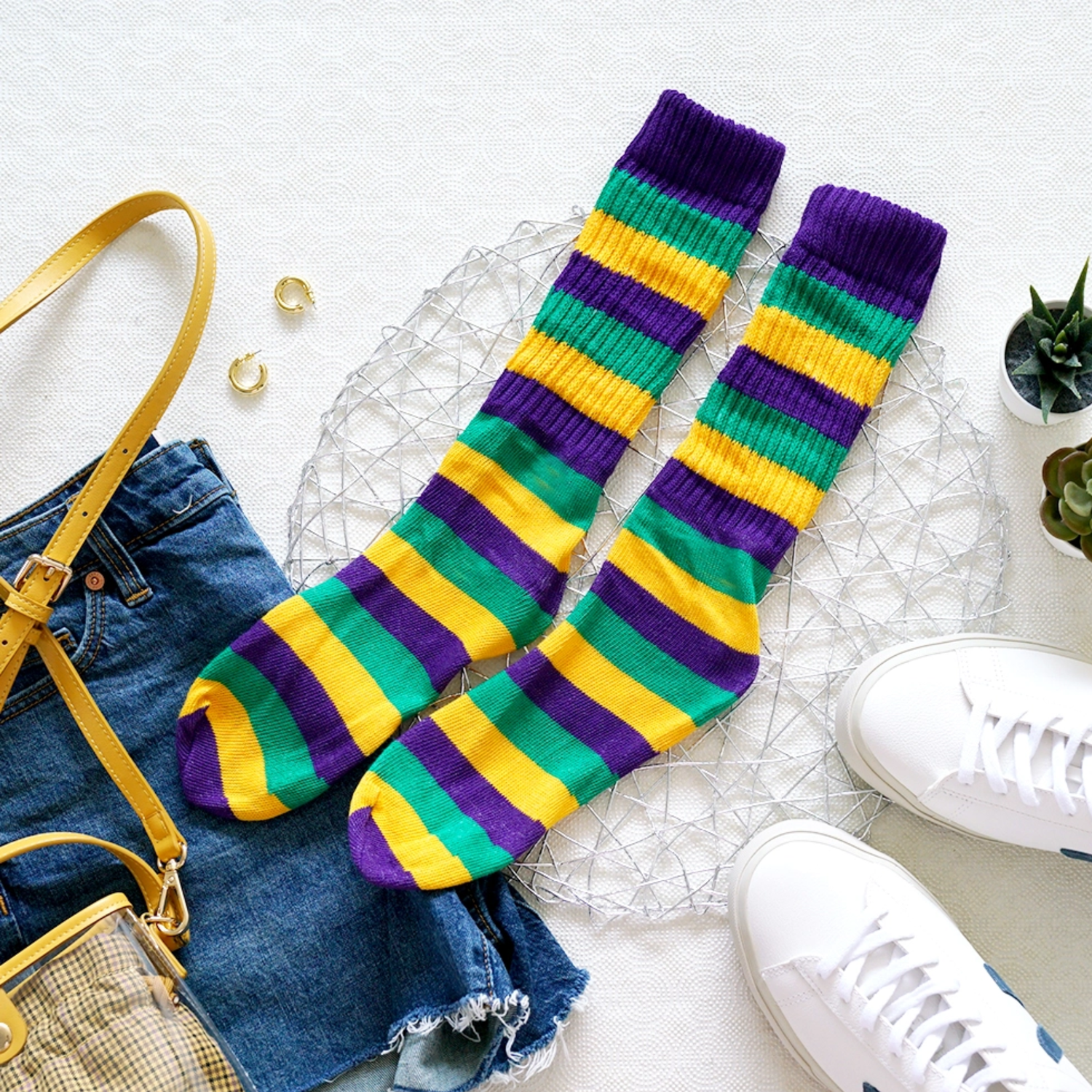 Parade ready Mardi Gras slouch socks