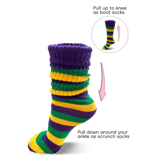 KIDS - YOUTH - ADULT Mardi Gras Striped Slouch Socks | Mardi Gras