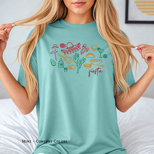 Fiesta Collage graphic tee with colorful icons and party theme