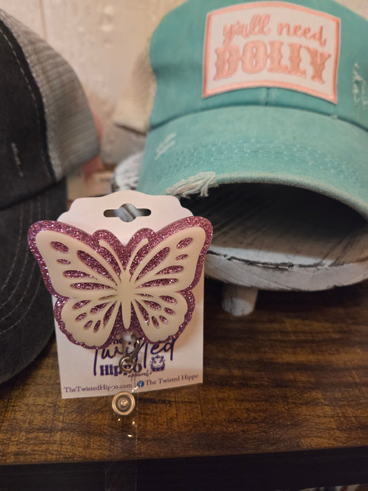 Pink Glitter Butterfly Badge Reel