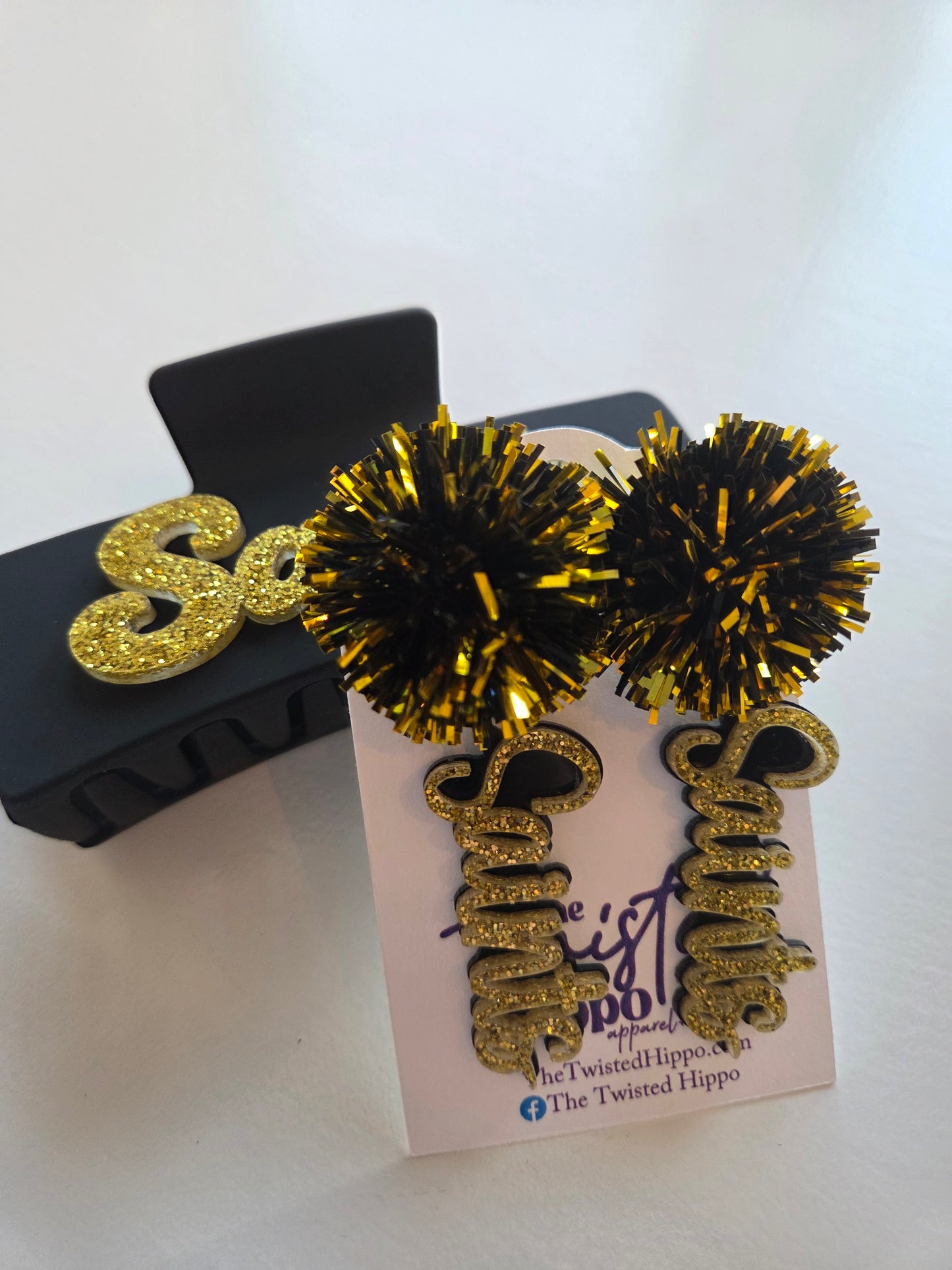 Saints | Black and Gold  Game Day | Dangle Acrylic Handmade Earrings | Tinsel Topper