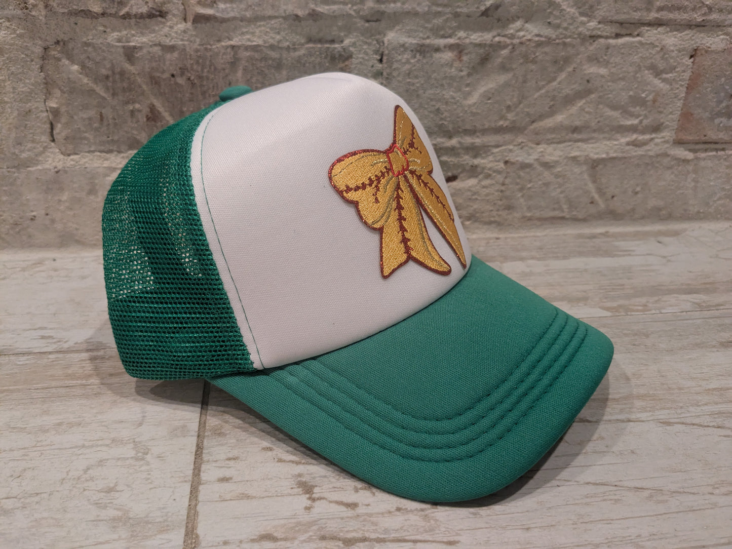 Coquette Bow Softball Patch Trucker Mesh Hats | Blue & Green
