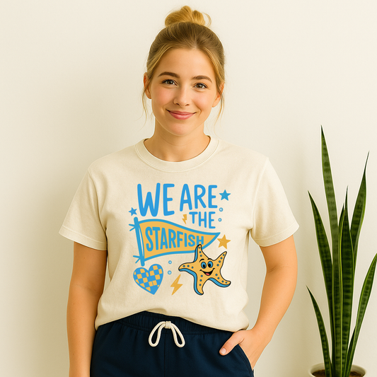 We Are the Starfish t-shirt with pennant and starfish mascot

