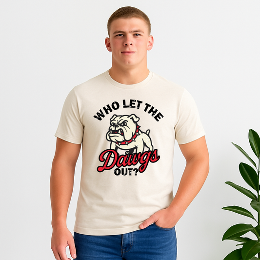 Unisex t-shirt with Who Let the Dawgs Out Bulldog mascot