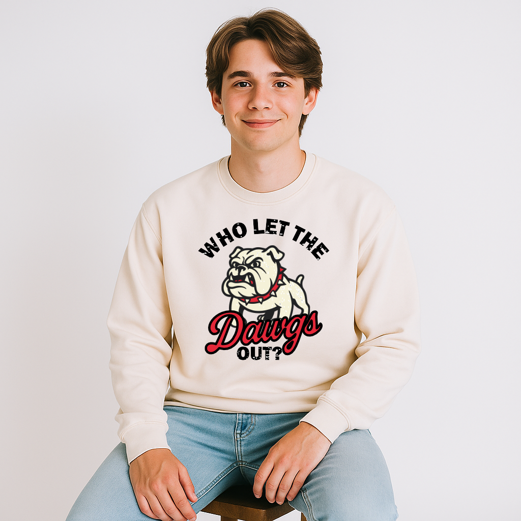 Unisex sweatshirt with Who Let the Dawgs Out bulldog mascot graphic